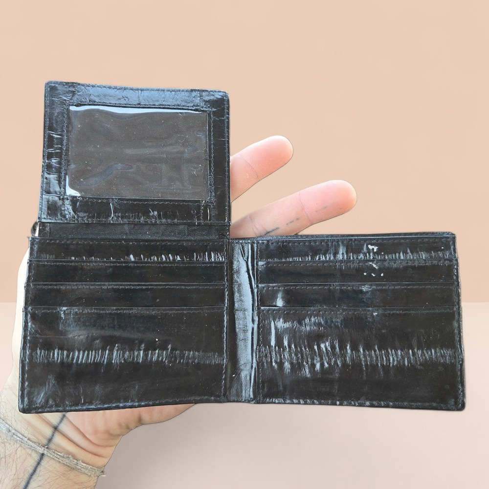 VTG‎ Minimalist Leather Wallet Black Genuine Eel Skin? Bifold Flip ID Window USA